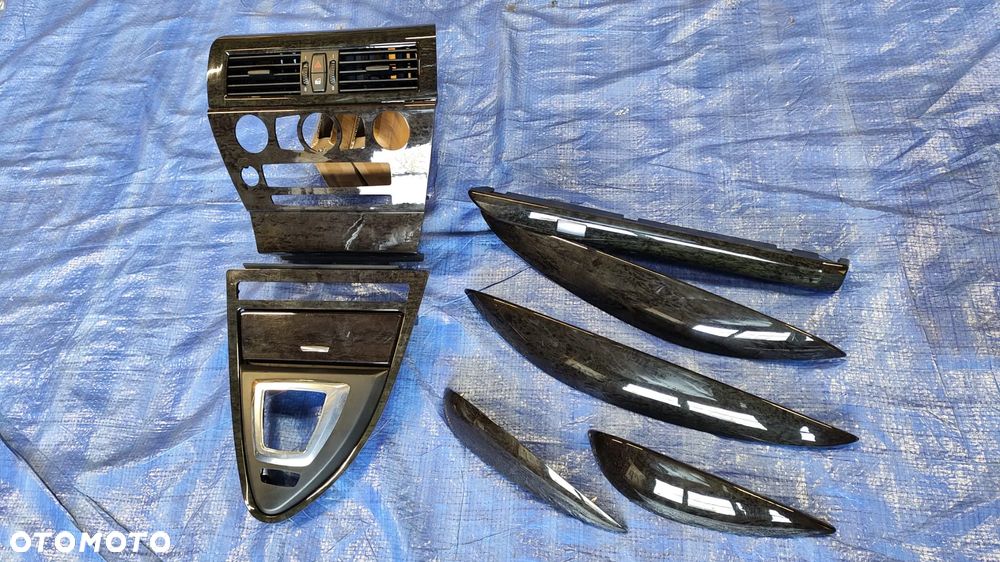 DEKORY DREWNO LISTWY OZDOBNE BOCZKÓW DRZWI RAMKA BIEGÓW PANEL KONSOLI DESKI KRATKA NAWIEWU POPIELNICZKA LISTWA SCHOWKA KOMPLET BMW E63 E64 LCI LIFT ANGLIK UK - 1