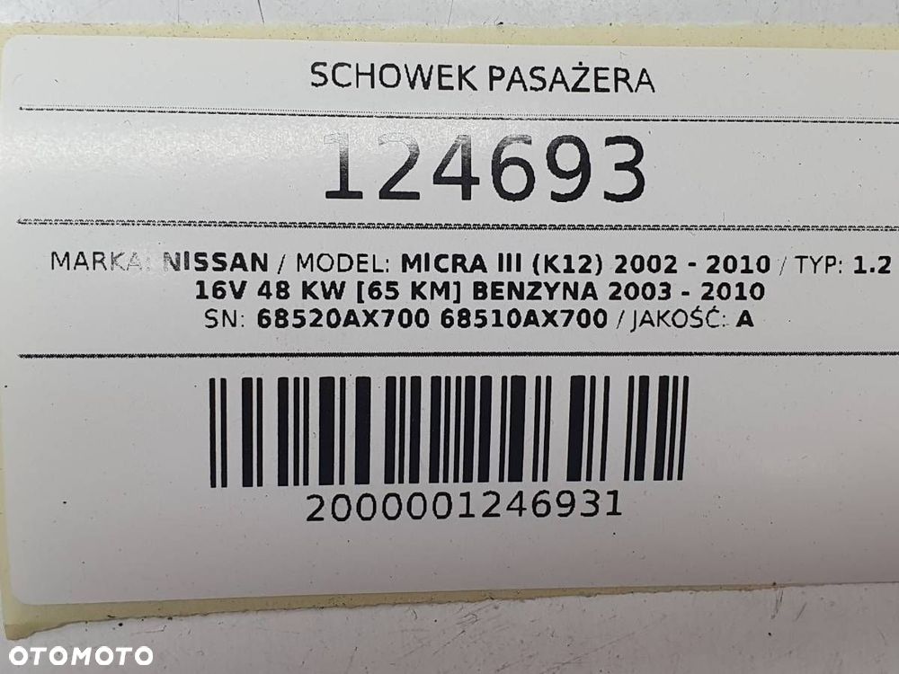 SCHOWEK PASAŻERA DESKI KONSOLI NISSAN MICRA III K12 EU - 10