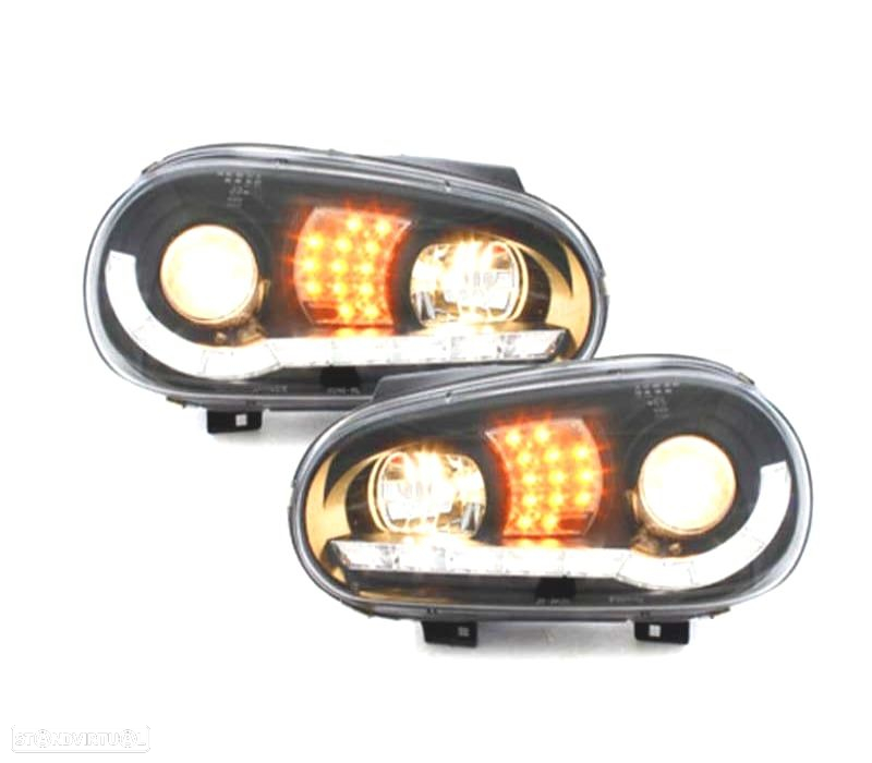 FARÓIS COM LUZ DIURNA LED VOLKSWAGEN VW GOLF 4 MK IV 97-03 FUNDO PRETO + CROMADO - 2