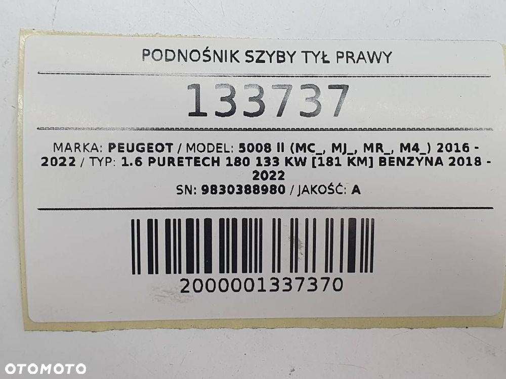 PODNOŚNIK SZYBY TYŁ PRAWY 9830388980 PEUGEOT 5008 II 2019 EUROPA - 6