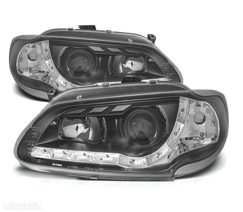 FARÓIS COM LUZ DIURNA LED RENAULT MEGANE 96-99 FUNDO PRETO - 1