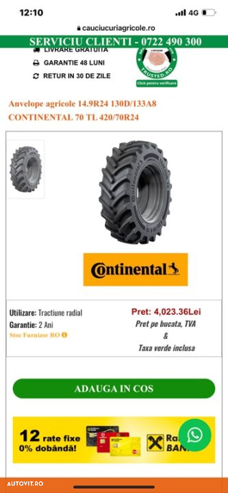 Continental 14.9 / 80 -24 As Farmer 90 %  - 4 buc anvelope Tractor