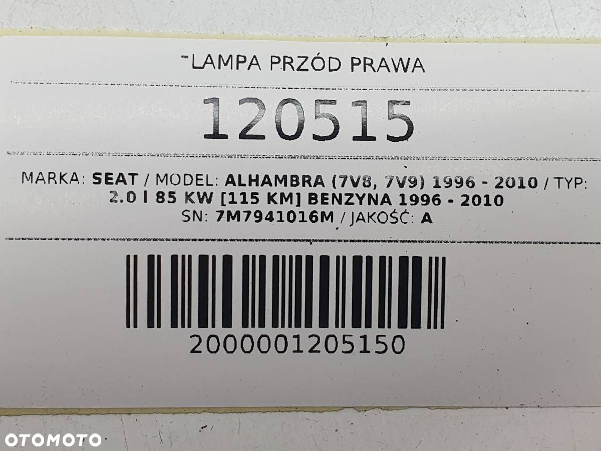 LAMPA PRZÓD PRZEDNIA PRAWA SEAT ALHAMBRA I SHARAN EU 7M7941016M 0301182212 - 10