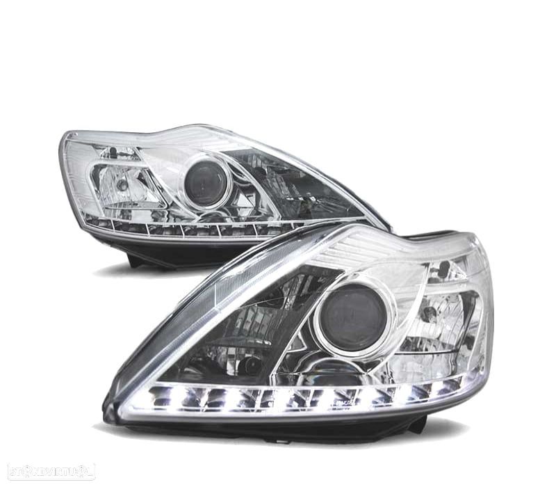 FARÓIS LED DAYLIGHT PARA FORD FOCUS II 08-10 CHROME CROMADO - 1