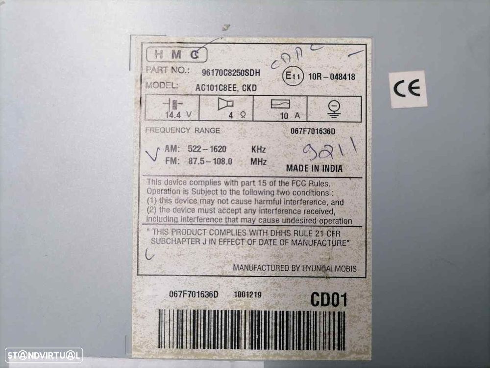 SISTEMA AUDIO / RADIO CD HYUNDAI I20 2016 -96170C825 - 3