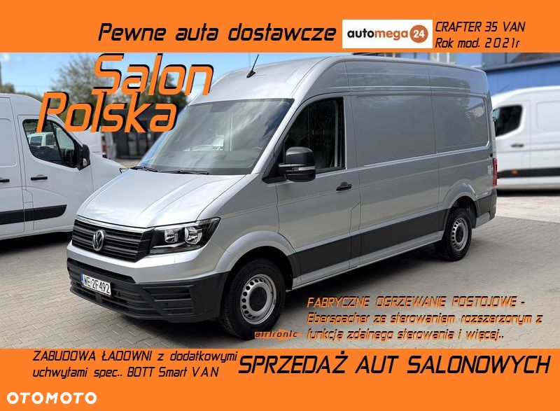 Volkswagen CRAFTER L2H2 Model 2021r WZMOCNIONY VAN 3 osobowy Silnik 2.0TDI 140KM bez BiTurbo! Euro6, Duża ładowność 1.2t, DMC:3.5t, Homologacja VAT-1 Zabudowa paki BOTT, Bogate wyposażenie! OPONY Jak nowe, Fabryczne ogrzewanie oraz wentylacja pojazdu ze zdalnym sterowaniem OEM Eberspacher Airtronic M2 3,5kW, Android Auto, Apple CarPlay, Parktroniki, Kamera, Nawigacja, Drzwi tył 270' Fotel pilot pneumatyczny z masażem! - 2