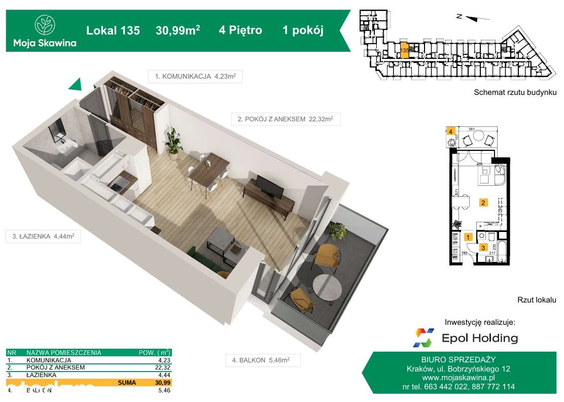 Mieszkanie na sprzedaż, 1 pokój, 31 m², Skawina