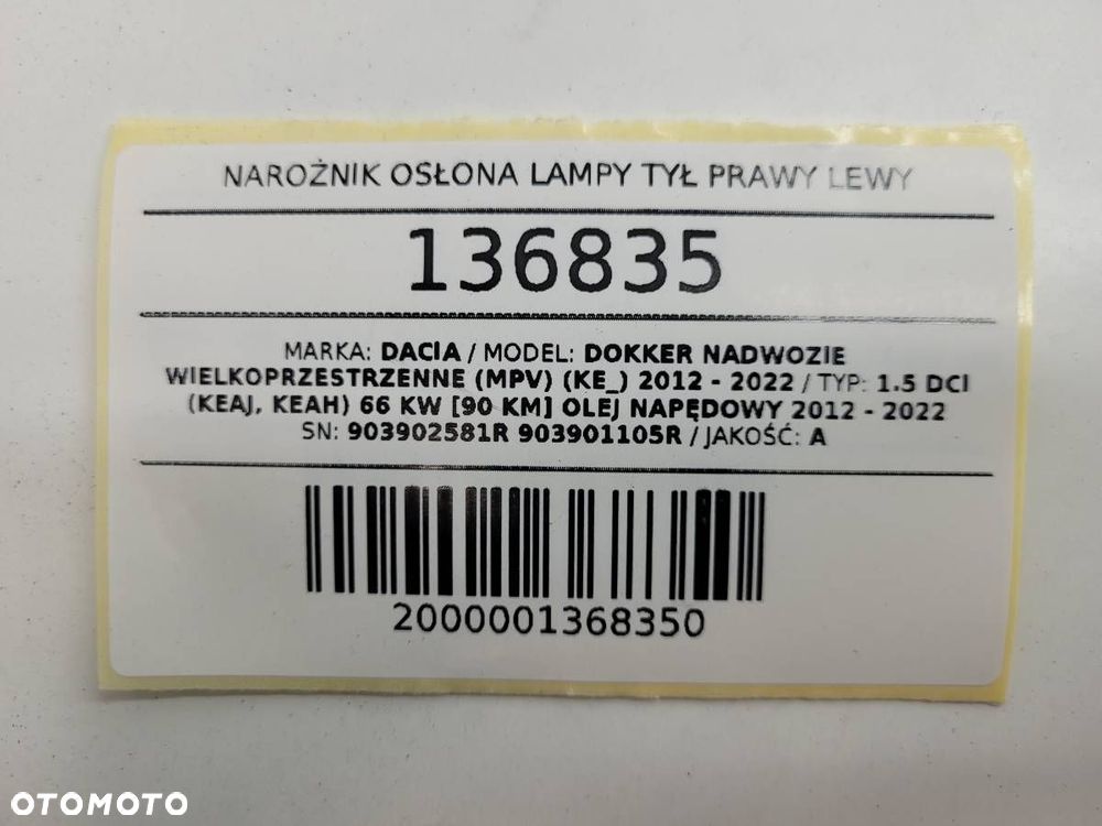 NAROŻNIK OSŁONA LAMPY TYŁ PRAWY LEWY KOMPLET DOKKER 903902581R 903901105R - 12
