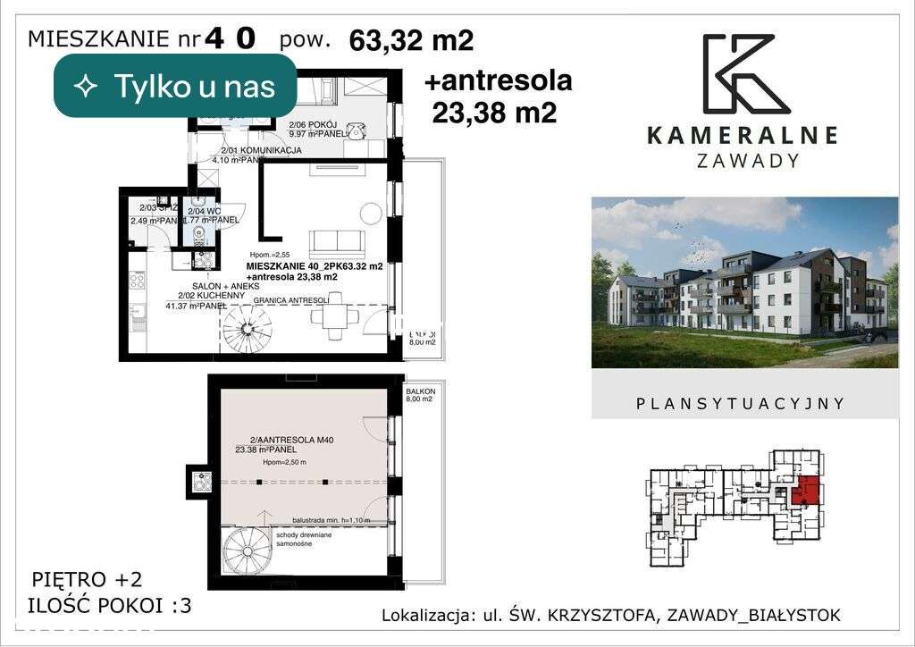 Kameralne Zawady - 63,32m2 + antresola 23,38m2