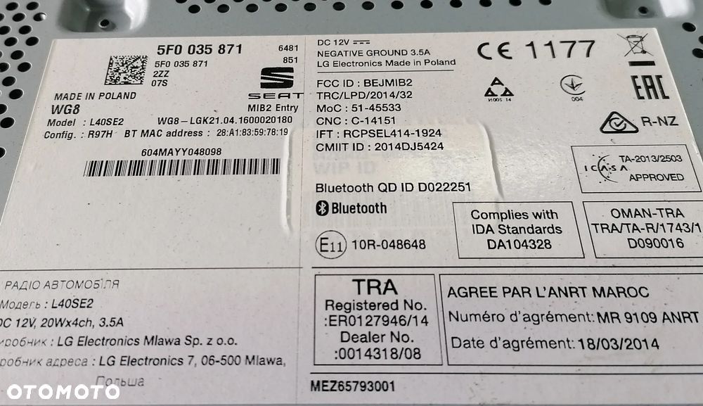 SEAT LEON III 16r RADIO CD RADIOODTAWRZACZ 5F0035871 - 2