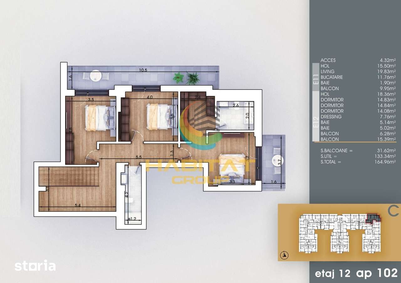 Pallady 4 camere tip duplex 165 mp la 8 minute metrou Teclu — fotografia 3