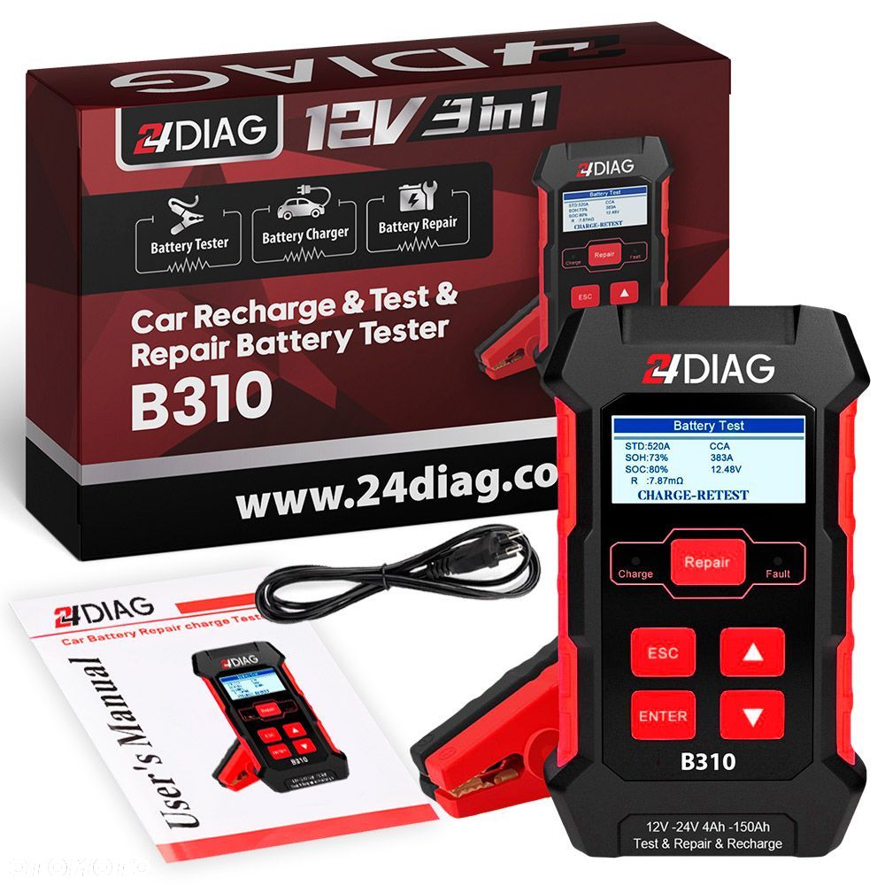 PROSTOWNIK TESTER DO AKUMULATORÓW 24DIAG B310 12V 24V 10A - 1