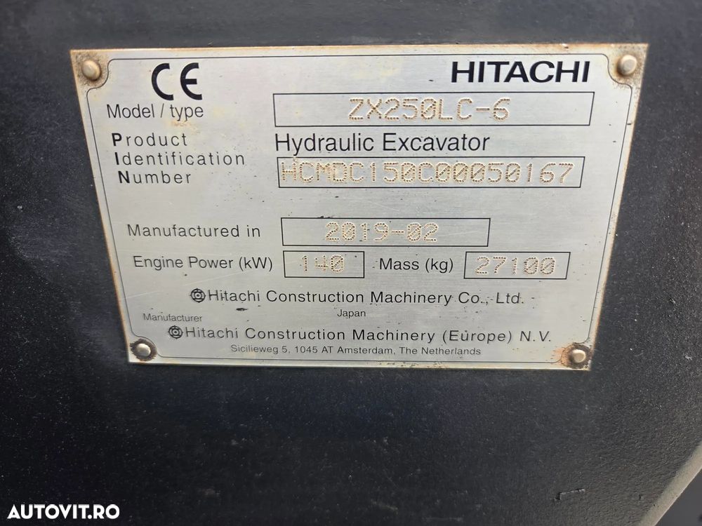Hitachi ZX250-6, 2019, 6.254h, Masa operationala 27,1tone, cupa NOUA 1,55mc, cupla rapida, lant 80% bun doar 1.109h deplasare, consum mediu 12,5l/h, ad sapare 7m, camera spate si laterale, ridica 16,2 avertizare antirasturnare, 3 pompe hidr, PROMOTIE 86.900 - 4