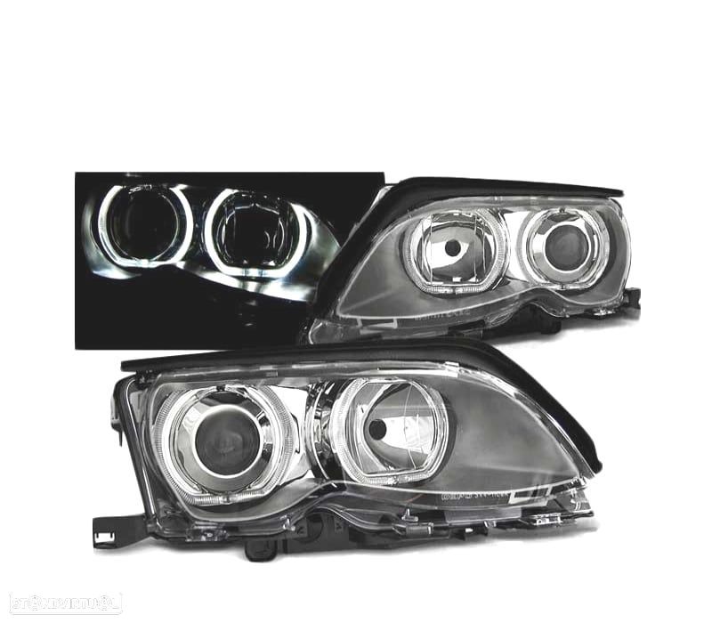 FARÓIS BMW E46 01-05 ANGEL EYES LED CROMADO - 1