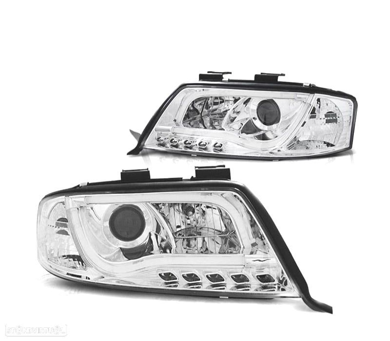 FARÓIS COM LUZ DIURNA LED TFL AUDI A6 4B 97-01 FUNDO CROMADO - 1