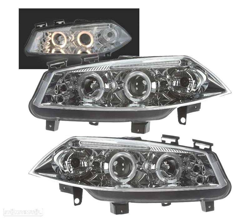 FARÓIS FRONTAIS RENAULT MEGANE 02-05 ANGEL EYES LED FUNDO CROMADO - 1