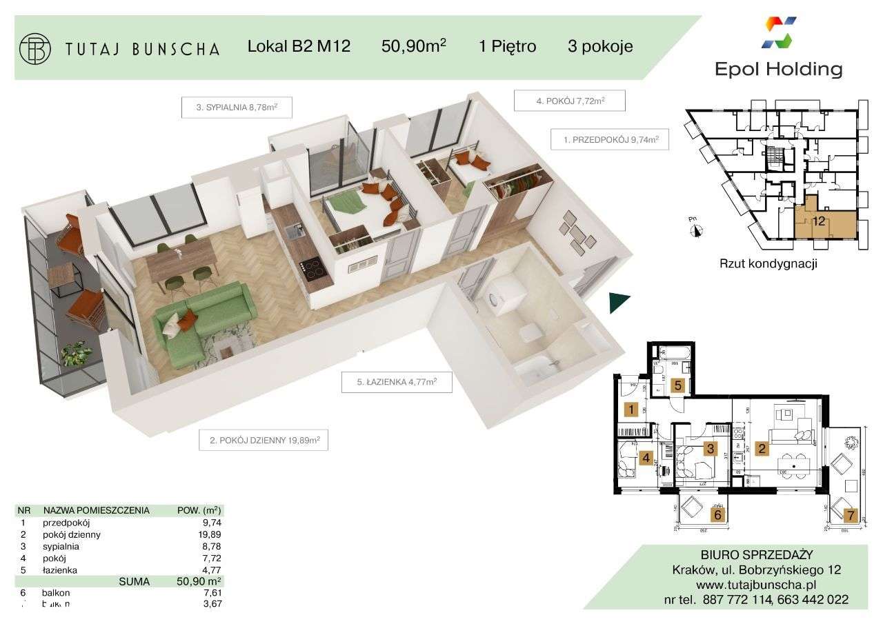3-pokojowe mieszkanie 50 m2 + 2 balkony 7 i 3 m2, Bezpośrednio