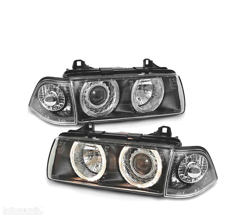 FARÓIS ANGEL EYES BMW E36 BERLINA 90-99 FUNDO PRETO H7 - 1