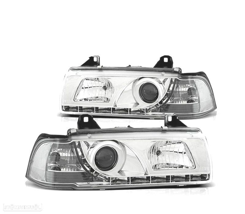 FARÓIS COM LUZ DIURNA LED BMW E36 90-99 FUNDO CROMADO - 1