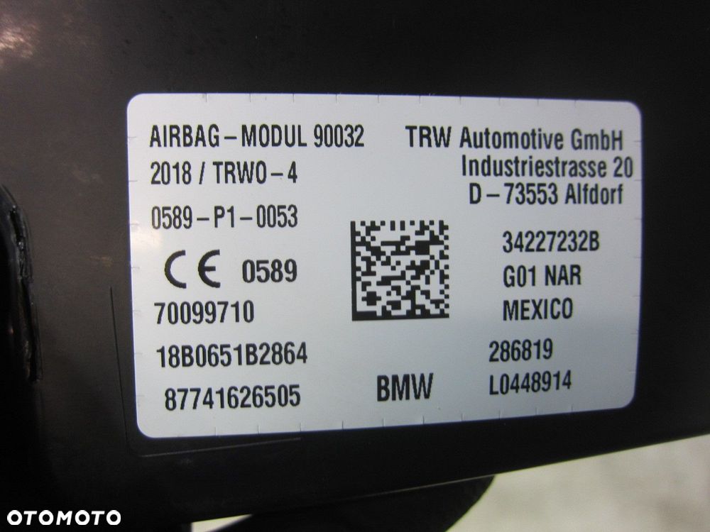 BMW X3 G01 G02 USA PODUSZKA FOTELA AIRBAG LEWA W FOTEL 72127416265 7416265 - 5