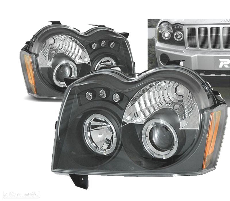 FARÓIS ANGEL EYES LED PARA JEEP GRAND CHEROKEE 05-08 BLACK PRETO - 1