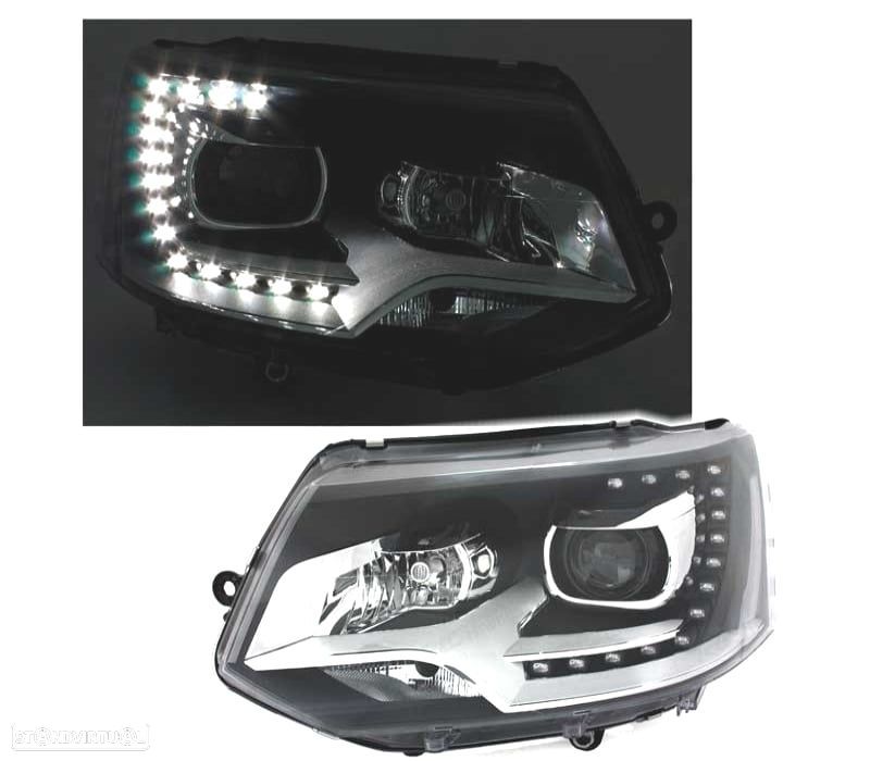 FAROIS FRONTAIS VOLKSWAGEN VW TRANSPORTER T5 10-15 LUZ DIURNA FUNDO PRETO TIPO XENON - 1