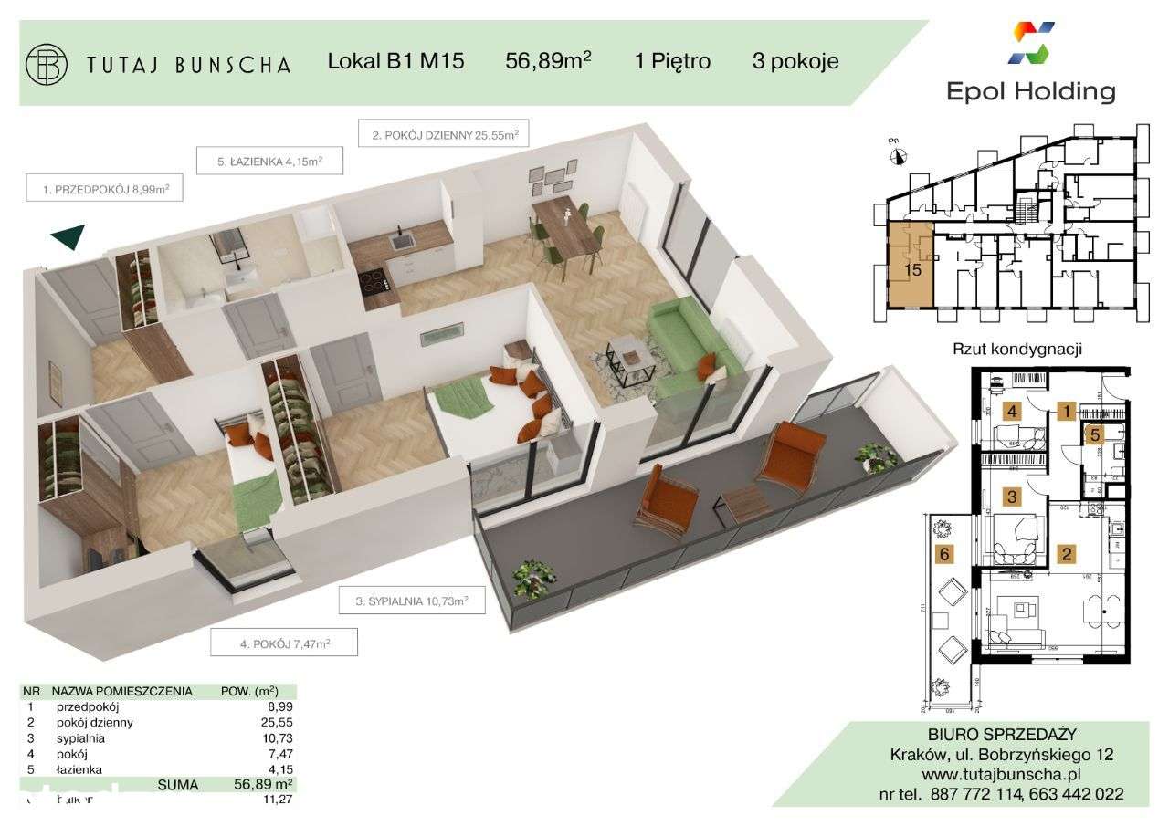 3-pokojowe mieszkanie 56,89 m2 + balkon 11,27 m2 Bezpośrednio