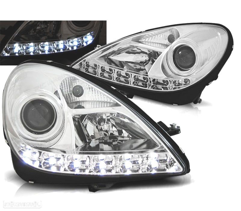 FARÓIS MERCEDES CLASSE SLK R171 04-11 LUZ DIURNA LED FUNDO CROMADO - 1