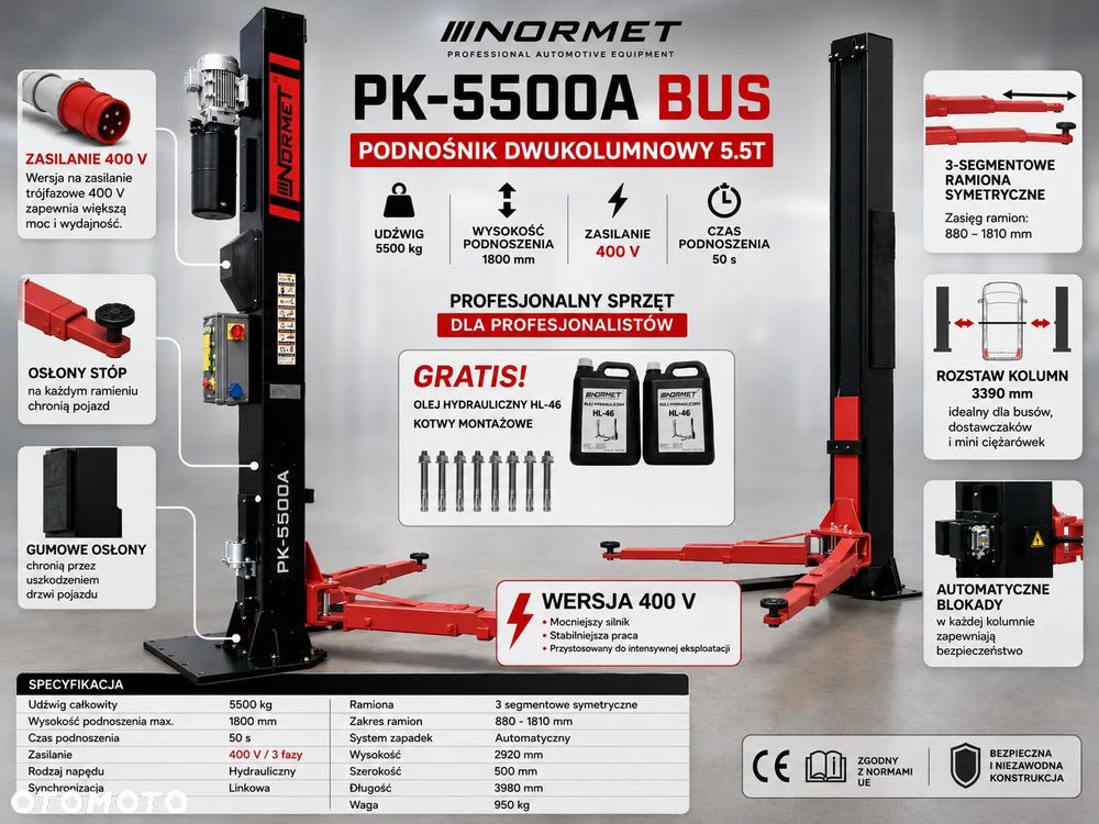 PODNOŚNIK DWUKOLUMNOWY 5500kg NORMET PK-5500A BUSY KAMPERY - 1