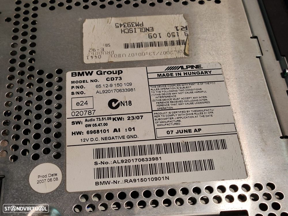 RADIO AUTORADIO LEITOR CD PROFESSIONAL BMW SERIE 1 E87 6512915010901 65129150109 9150109 6968101 SERIE 1 E81 SERIE 3 E90 E91 E92 DISPLAY COMANDOS COMUTADOR PAINEL CONTROLO COMUNICAÇÃO - 6
