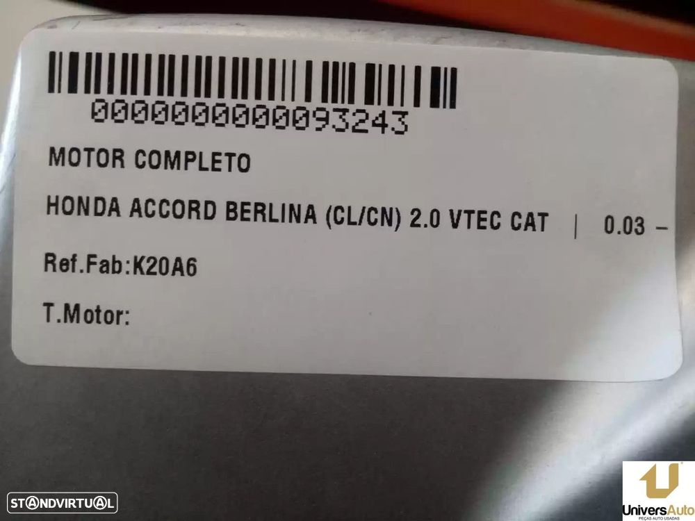 MOTOR COMPLETO HONDA ACCORD VII 2003 -K20A6 - 1