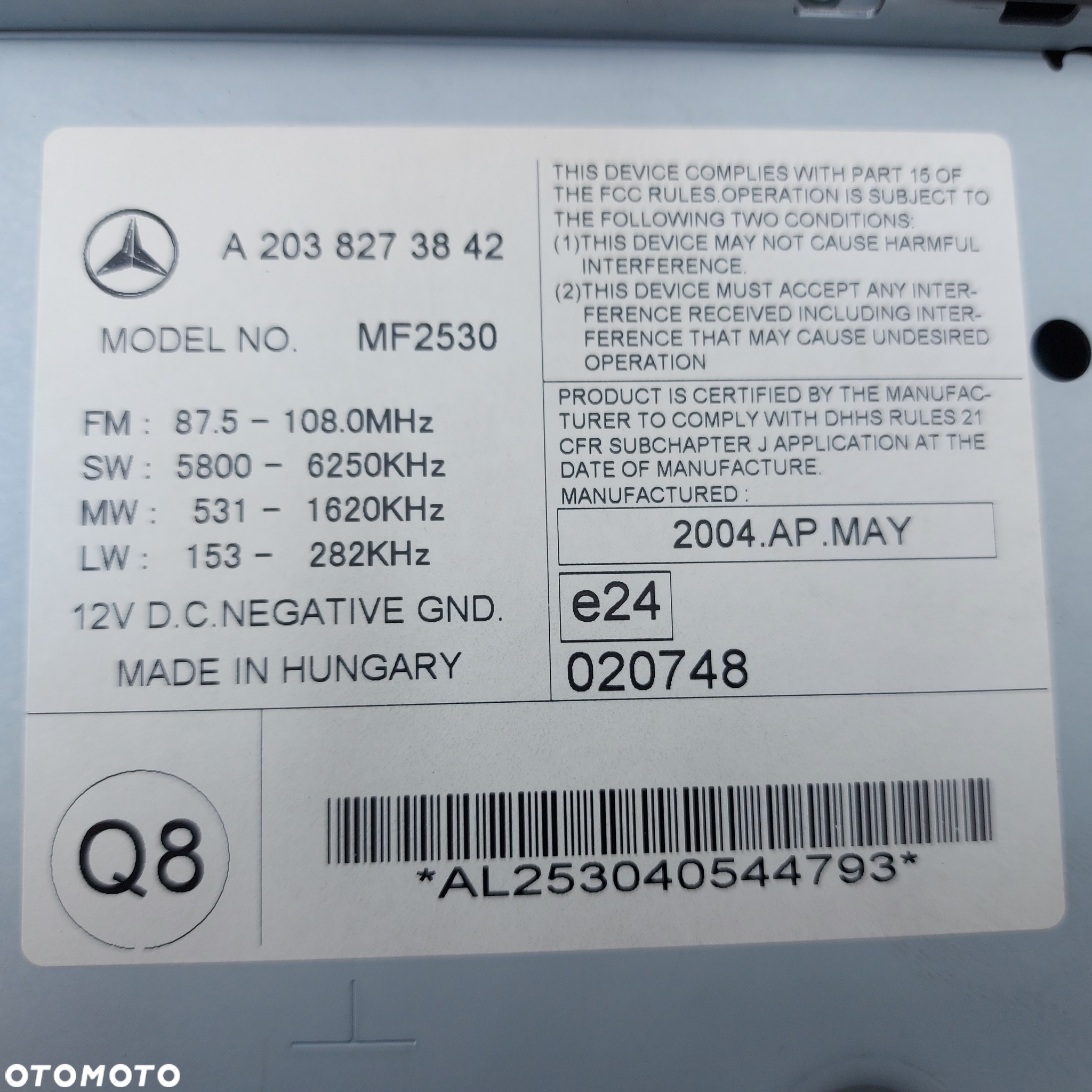 RADIO RADIOODTWARZACZ CD MERCEDES C W203 ORYGINAL DEMONTAZ 2038273842 - 7
