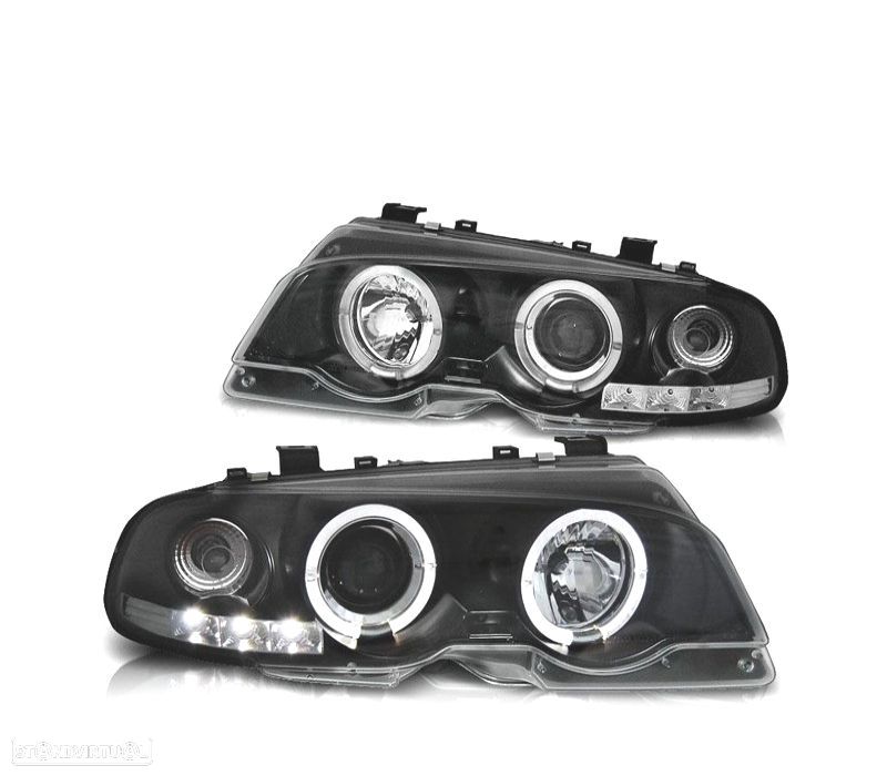 FARÓIS BMW E46 99-03 ANGEL EYES LED FUNDO PRETO - 1