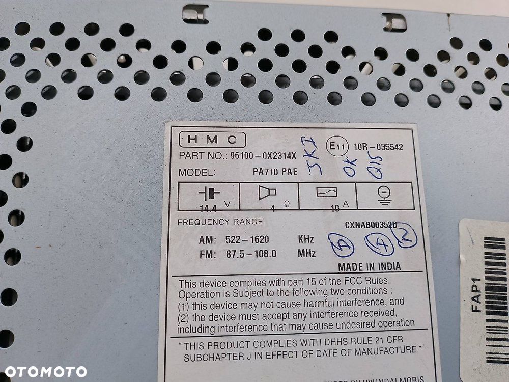 RADIO CD HYUNDAI I10 FL I 96100-0X2314X - 2