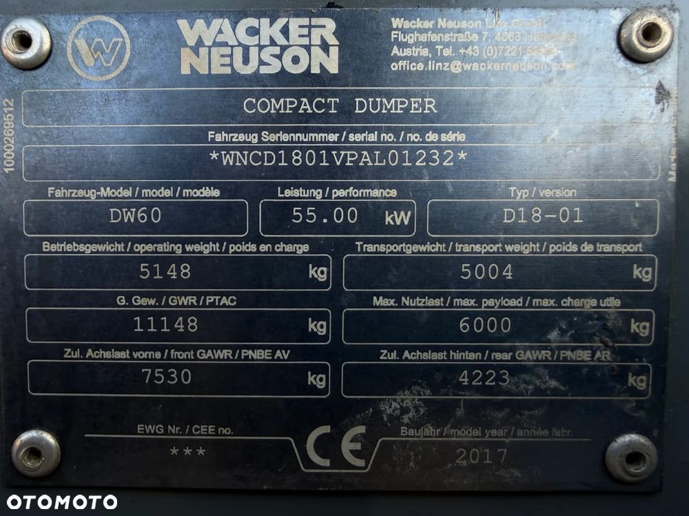 Wacker Neuson DW60 Wozidło 4x4. 6 ton ładowność z Pełną kabiną. Centralne smarowanie! OBROTOWA koleba 2500 mtg 2018 rok.  Jak nowe z salonu PERKINS turbo silnik. Pochodzi z Norweskiego Gospodarstwa Ziemniaczanego! Pełne sterowanie dżojstik REWERS HYDROSTATIC Ogrzewana Kabina Opony zero zużycia. Aktualna DEKRA. Kamery wysokiej jakośći! Zero luzów i wycieków. Szybka wolna jazda. Wielka Okazja - 22
