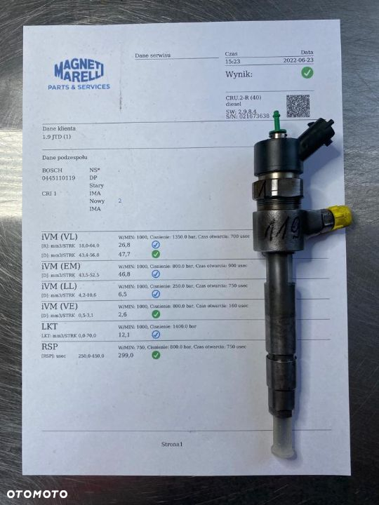 WTRYSKIWACZ TEST 1.9 JTD 0445110119 WYDRUK SPRAWDZONE IMA FIAT STILO DOBLO ALFA ROMEO 166 156 - 2