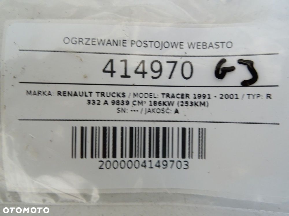 OGRZEWANIE POSTOJOWE WEBASTO  RENAULT TRUCKS TRACER 1991 - 2001 R 332 A 9839 cmᶟ 186KW (253KM) - 7