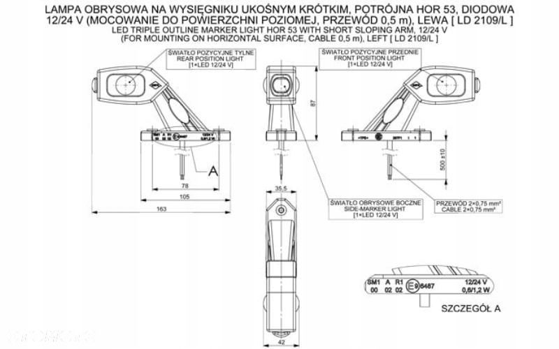 lampa obrysowa led wysięgnik ukośny krótkim 12/24v lewa polski produkt - 2