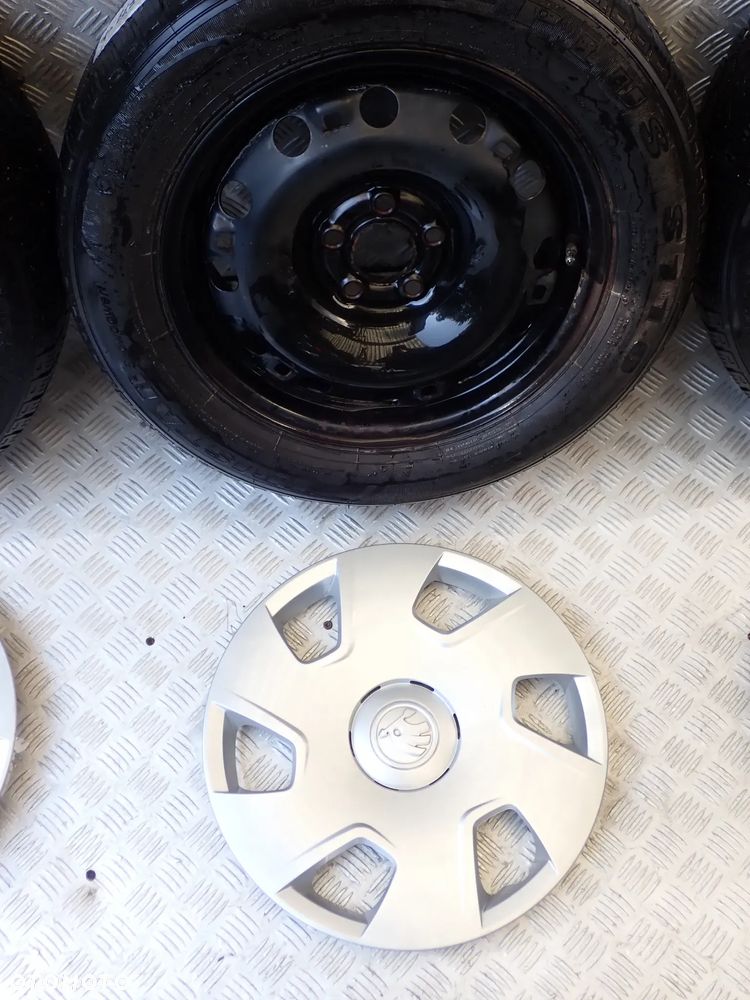 KOŁA FELGI STALOWE SKODA Z KOŁPAKAMI 6JX15  ET 38  5X100  6R0601027R/AE  Z OPONAMI  ZIMA TRISTAR  185/65/15 - 7