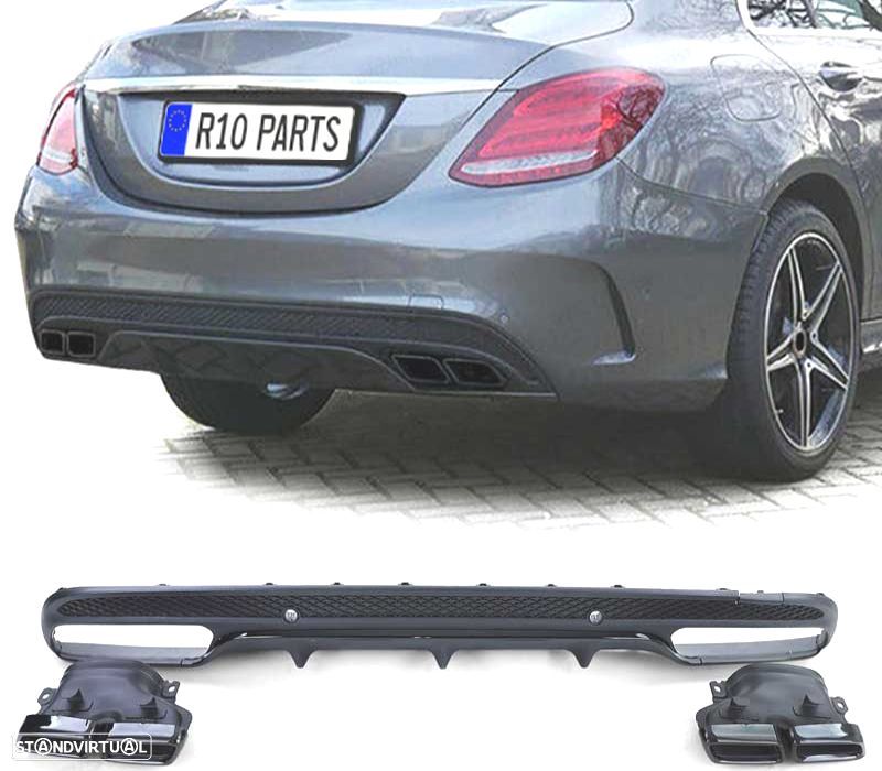 DIFUSOR MERCEDES CLASSE C W205 SEDAN 13-18 LOOK AMG + PONTEIRAS DE ESCAPE PRETAS - 1