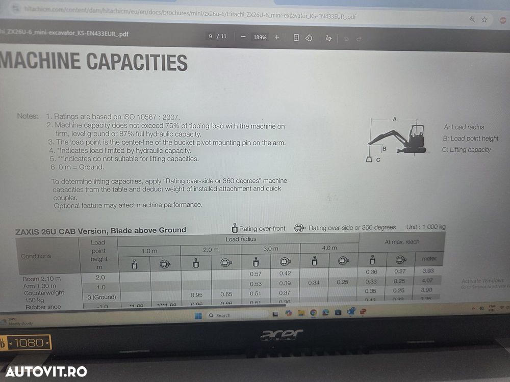Hitachi ZX26U-6, 2023, 381h, CA NOU, CUPLA RAPIDA mecanica noua+3 cupe noi, Lama nivelare, inst picon pe brate, fara aer cond, latime 1,2m, ad sapare 3m, ridica 1,7t, masa operationala 2,7t, posibil leasing 4 ani-PROMOTIE 32.900 EUR+Tva - 33