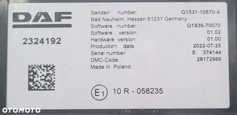 PANEL STEROWANIA / NAWIEWU KLIMATYZACJI DAF XF / XG / XG+ 106 2324192 - 3