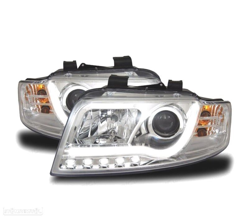 FARÓIS COM LUZ DIURNA LED TFL AUDI A4 B6 00-04 FUNDO CROMADO - 1