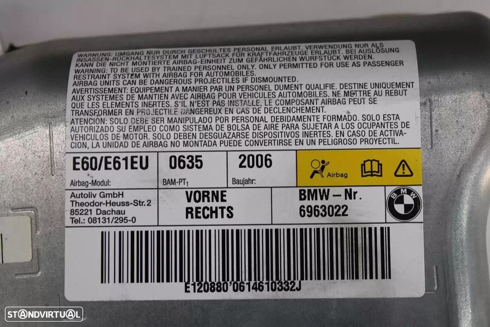 AIRBAG LATERAL FRONTAL DIREITO BMW 5 2006 -6963022 - 2