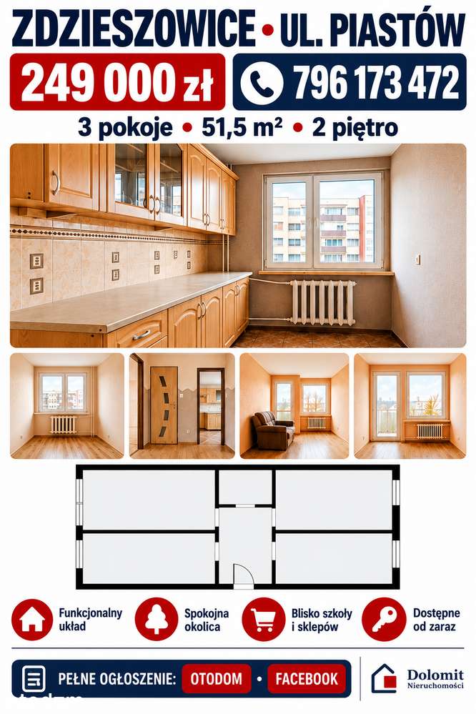 Mieszkanie na sprzedaż, 3 pokoje, 52 m², Zdzieszowice