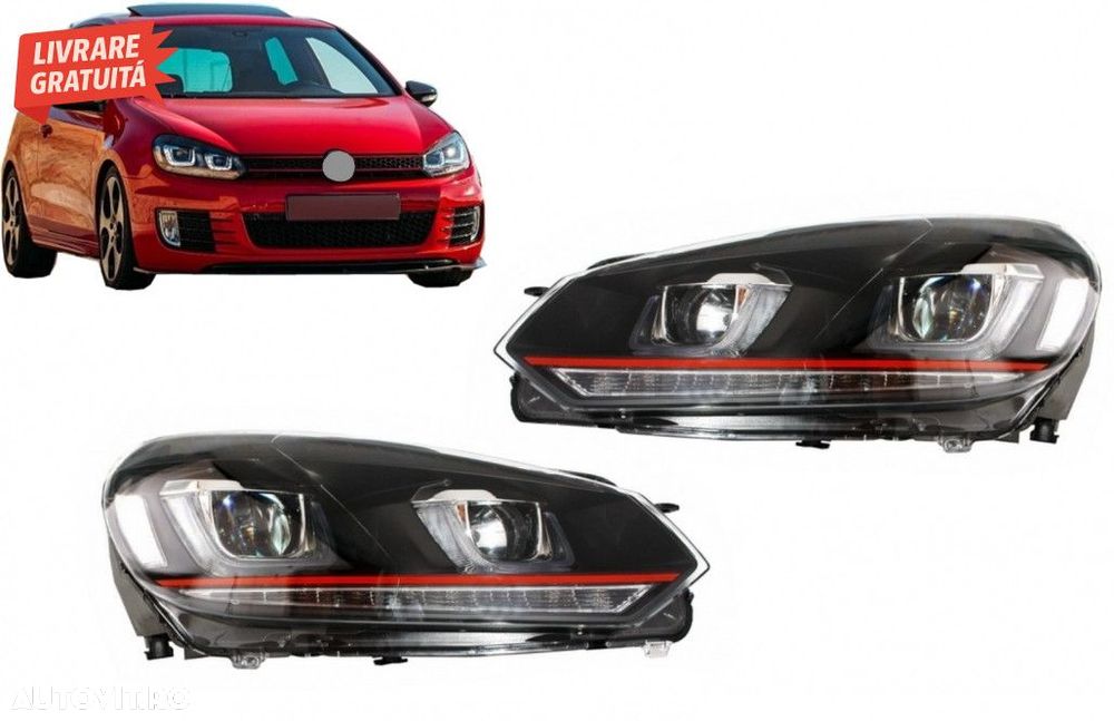 Faruri LED VW Golf 6 VI (2008-2012) Golf 7 U Design With Red Strip GTI - 1