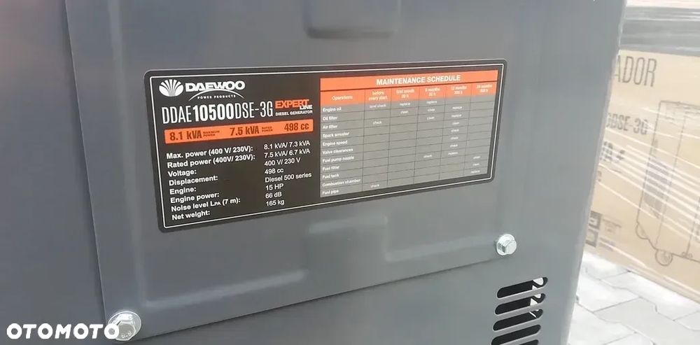 Daewoo Daewoo DDAE10500DSE-3G - 3 Daewoo Daewoo DDAE10500DSE-3G - 4 Daewoo Daewoo DDAE10500DSE-3G - 5 Daewoo Daewoo DDAE10500DSE-3G - 6 Daewoo Daewoo DDAE10500DSE-3G - 7 Daewoo Daewoo DDAE10500DSE-3G - 8 Daewoo Daewoo DDAE10500DSE-3G - 9 Daewoo Daewoo DDAE10500DSE-3G - 10 Daewoo Daewoo DDAE10500DSE-3G - 1 Daewoo Daewoo DDAE10500DSE-3G - 2 Daewoo Daewoo DDAE10500DSE-3G - 3 Daewoo Daewoo DDAE10500DSE-3G - 4 Daewoo Daewoo DDAE10500DSE-3G - 5 Daewoo Daewoo DDAE10500DSE-3G - 6 Daewoo Daewoo DDAE10500DSE-3G - 7 Daewoo Daewoo DDAE10500DSE-3G - 8 Daewoo Daewoo DDAE10500DSE-3G - 9 Daewoo Daewoo DDAE10500DSE-3G - 10 Opis  Zgłoś AGREGAT PRĄDOTWÓRCZY    cena netto: 10480 zł    DANE TECHNICZNE:    Maksymalna moc:    8.1kVA (400V)    7,3kVA (230V)    Moc znamionowa:    7,5kVA (400V)    6,7kVA (230V)    Moc silnika: 15 KM    Pojemność: 498 cc    Pojemność zbiornika paliwa: 15 l    Pojemność zbiornika oleju: 1,65 l    Współczynnik mocy: 1,25    Gniazdo: 1 x 16 A - 1 x 32 A    Wyjście 12V:    Bateria: 36AH    Poziom hałasu w 7M: 72 - 74 dBA    Waga netto: 165 kg    Wymiary: 880 x 560 x 720    OZNACZENIE SILNIKA AGREGATU:    Daewoo DDAE10500DSE-3G    STAN:    NOWY, ORYGINAŁ    numer magazynowy:    108091 dostępne od ręki .     Pokaż pełny opis 22 kwietnia 2025 13:15   ID: 6124923127  Szczegóły Podstawowe  Marka pojazdu  Daewoo  Model pojazdu  Daewoo DDAE10500DSE-3G  Rok produkcji  2022  Stan  Nowy  Bezwypadkowy  Tak  Kup ten pojazd na raty  Oblicz  Finansowanie reklama Potrzebujesz finansowania?  Ustaw warunki kredytu jaki Cię interesuje - na tej podstawie wybierzemy ofertę dostosowaną do Twoich potrzeb.  Kwota finansowania (PLN)   12 890 PLN Min. 1 000 PLN - Maks. 300 000 PLN  Okres (miesiące)   48  4 lata   60  5 lat   84  7 lat   96  8 lat   120  10 lat   Zapytaj o finansowanie Informacje o sprzedającym FHU Auto-Tech  Sprzedający profesjonalny  Sprzedający na OTOMOTO od 2018  Kontakt bezpośredni   Napisz  Wyświetl numer Więcej opcji kontaktu  Zobacz więcej ofert (1141) tego sprzedawcy  Znajdź na mapie  Zawiła 51b - 30-442 Kraków, Małopolskie (Polska)   Daewoo Daewoo DDAE10500DSE-3G - 8