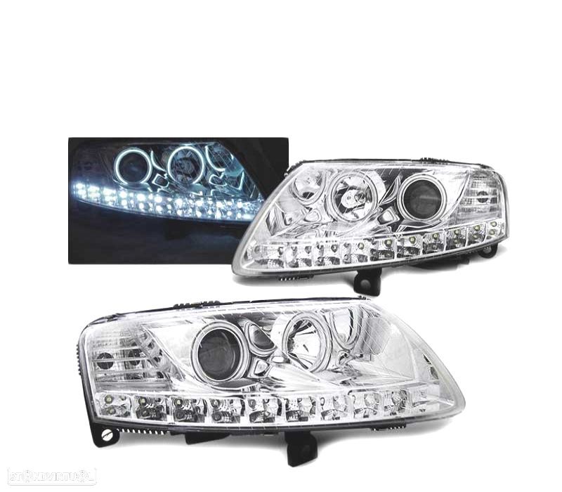 FARÓIS ANGEL EYES LED PARA AUDI A6 C6 04-08 CROMADO - 1
