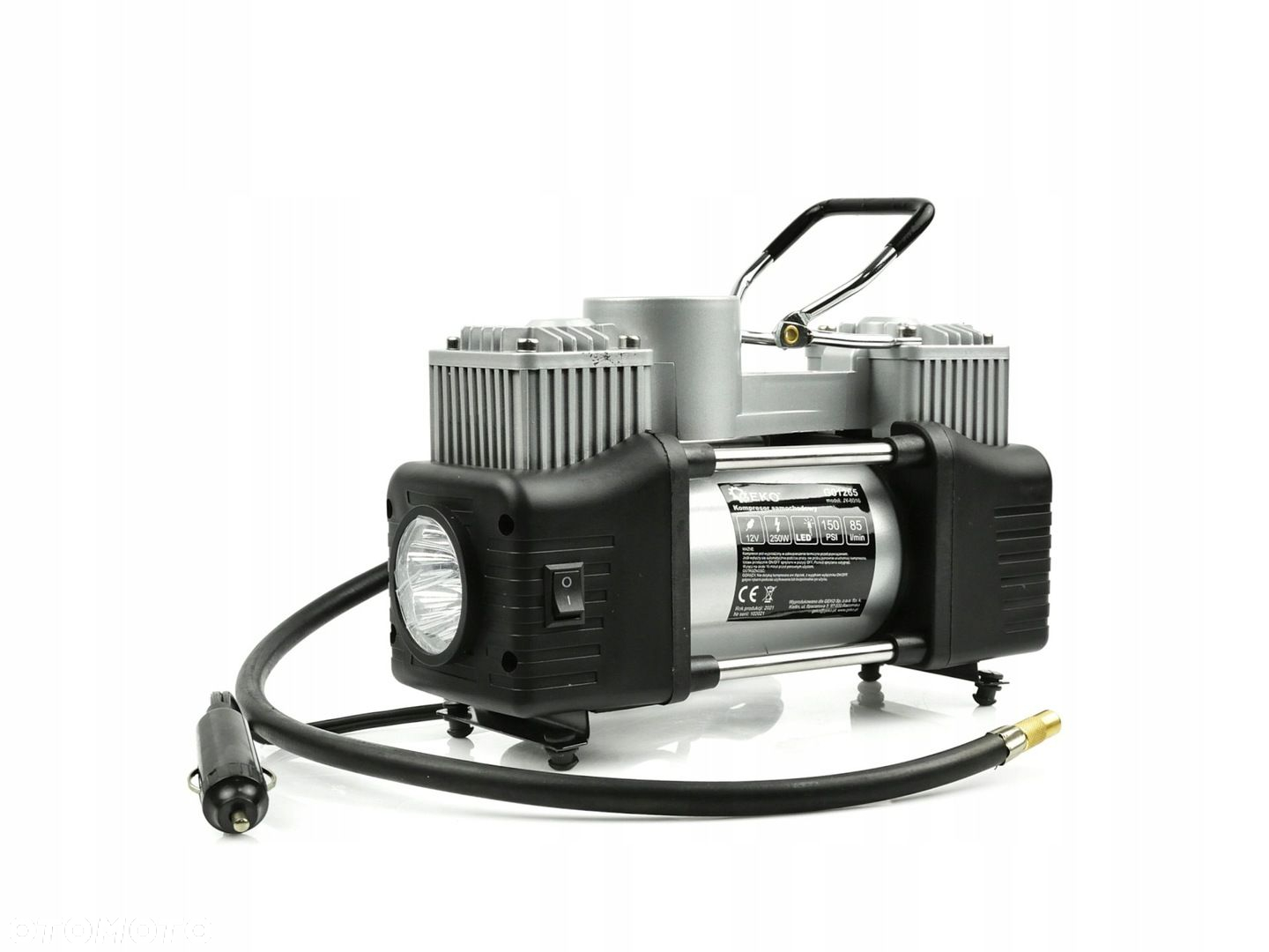 KOMPRESOR SAMOCHODOWY Z MANOMETRTEM 12V POMPKA SPRĘŻARKA 250W  NASADKI LED - 4