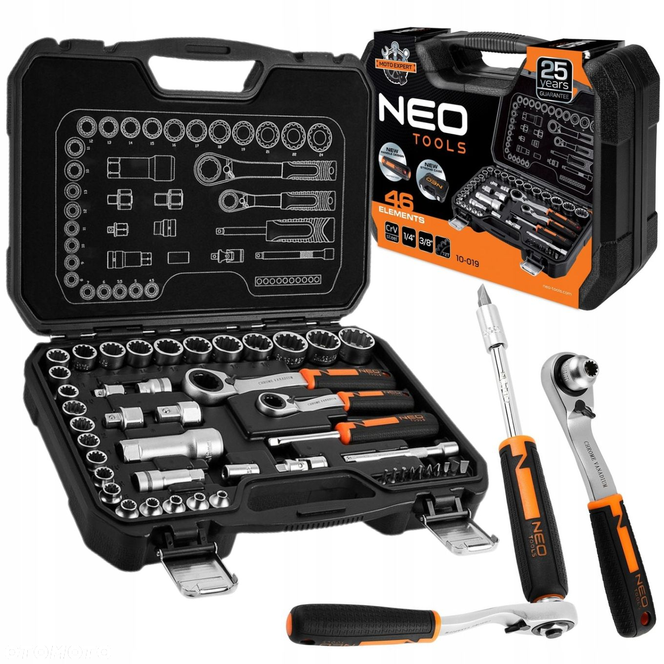NEO ZESTAW NASADEK PRZELOTOWYCH 1/4"  3/8" 46 SZT KLUCZE NASADOWE 10-019 - 15